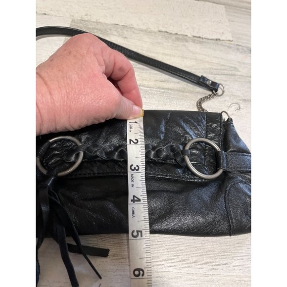 Woman’s black genuine leather small purse with partial chain handle and tassels - Picture 6 of 6